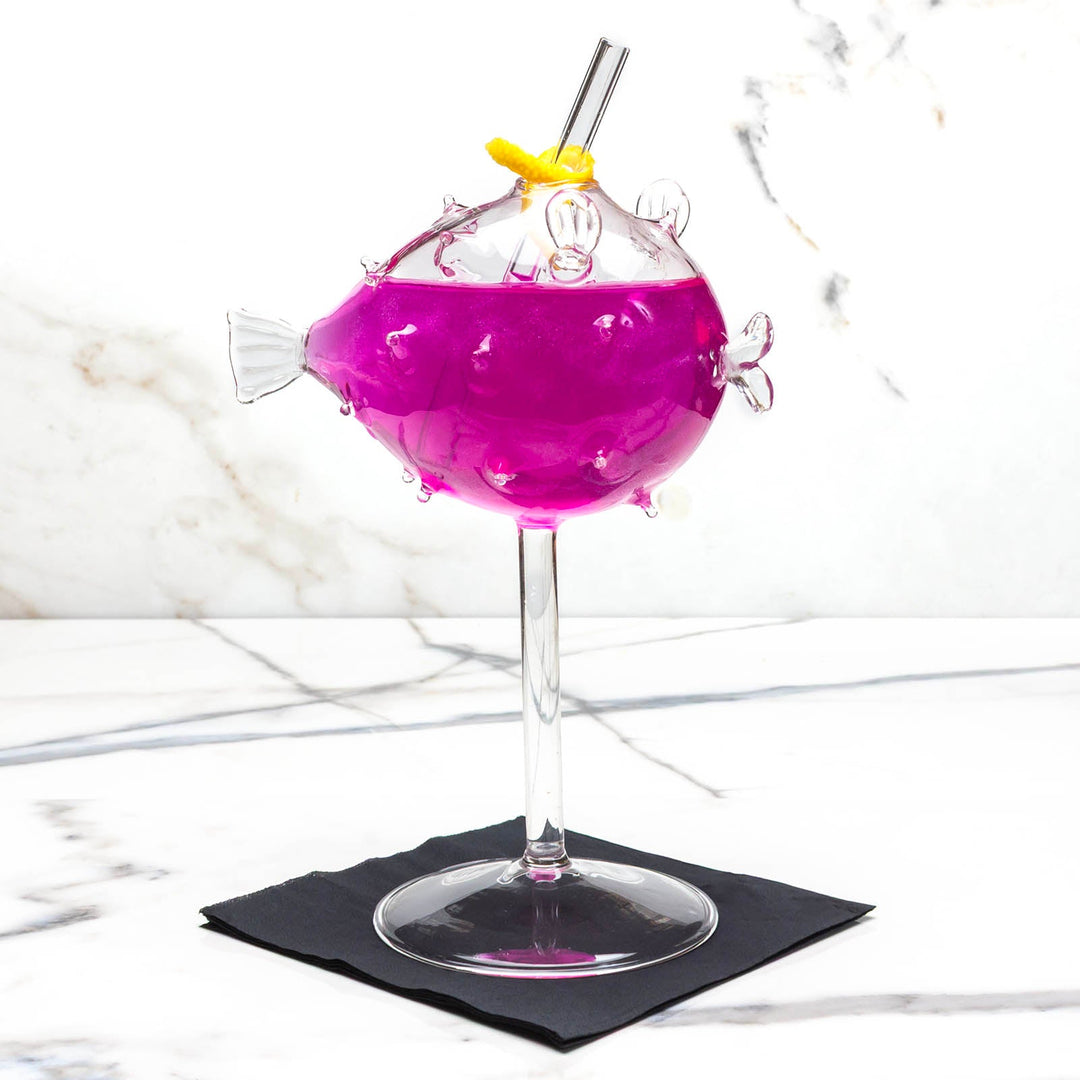 BarConic® Puffer Fish Cocktail Glass | Tropical Drink Glass with Straw