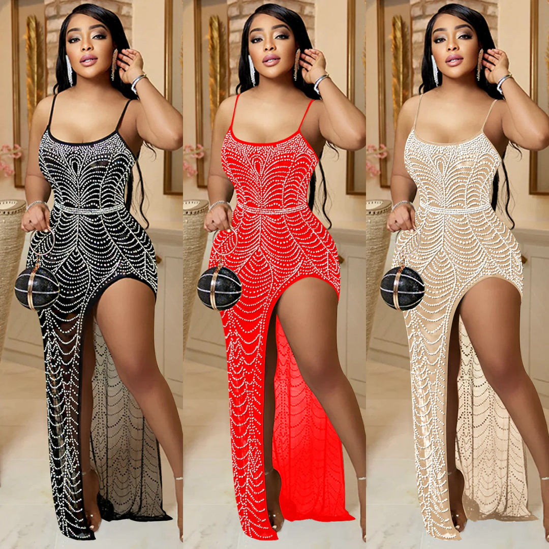 Women’s Rhinestone Asymmetrical Party Dress – Sleeveless Mesh Cocktail Dress