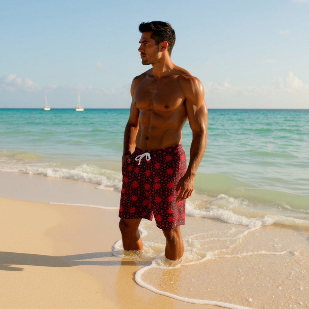 Red Star Pattern Unisex Swim Shorts - Perfect for Summer Fun