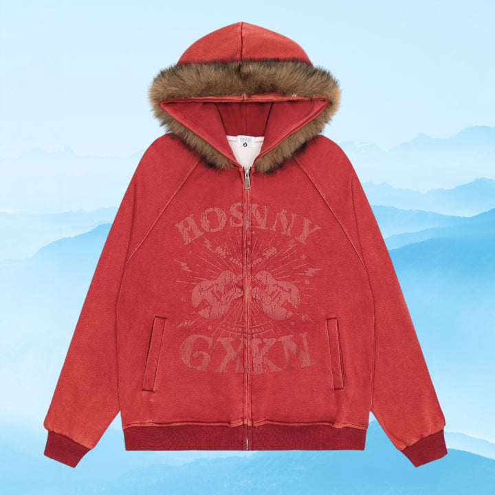 Men's Zip-Up Hoodie with Faux Fur Trim