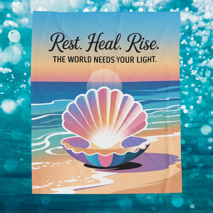 Inspiring Velveteen Plush Blanket - 'Rest. Heal. Rise.' Ocean Vibes