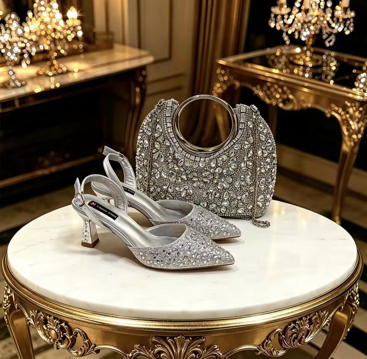 Italian Ladies Shoes & Matching Bag Set EDS42 – Rhinestone Slingback Heels
