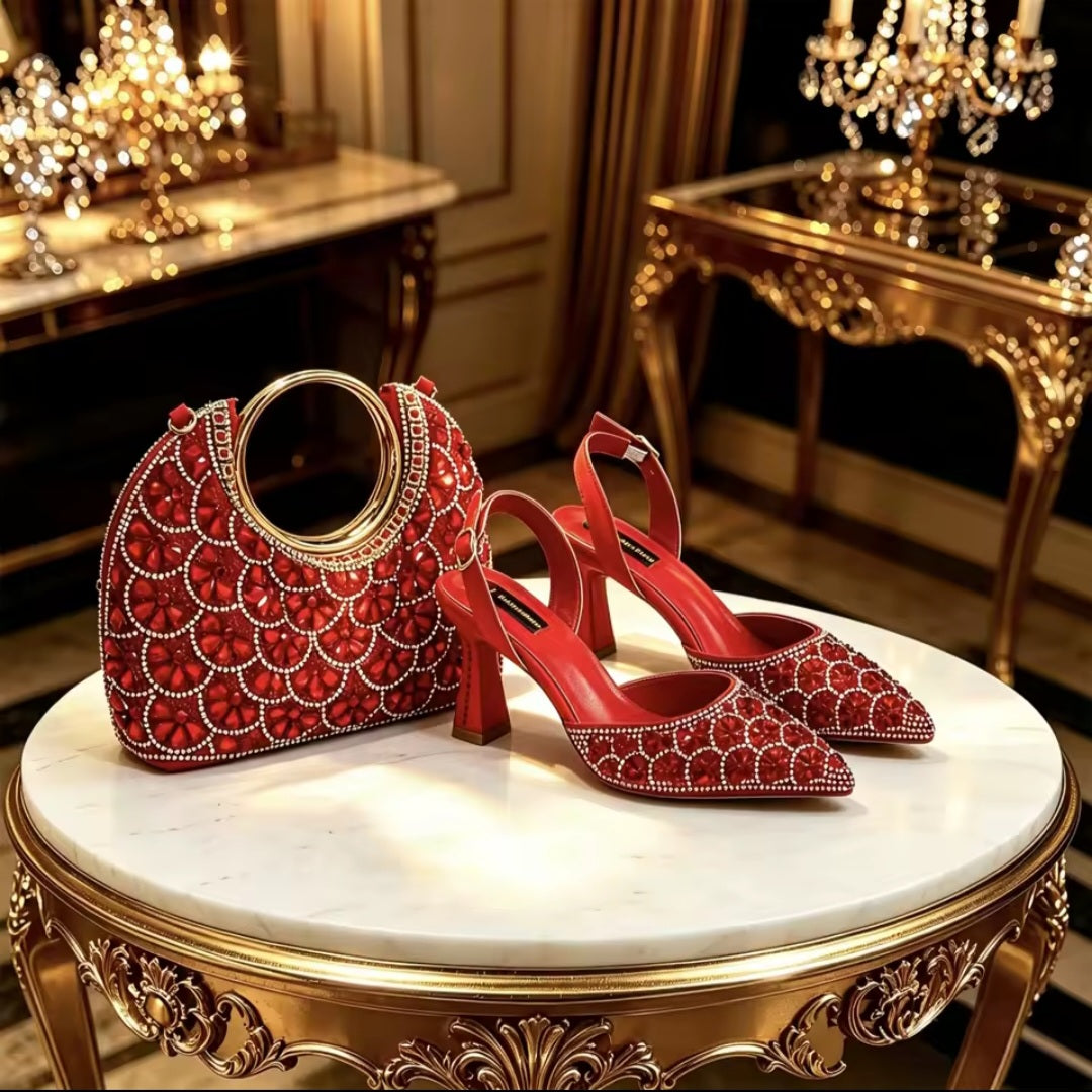 Italian Ladies Shoes & Matching Bag Set EDS42 – Rhinestone Slingback Heels