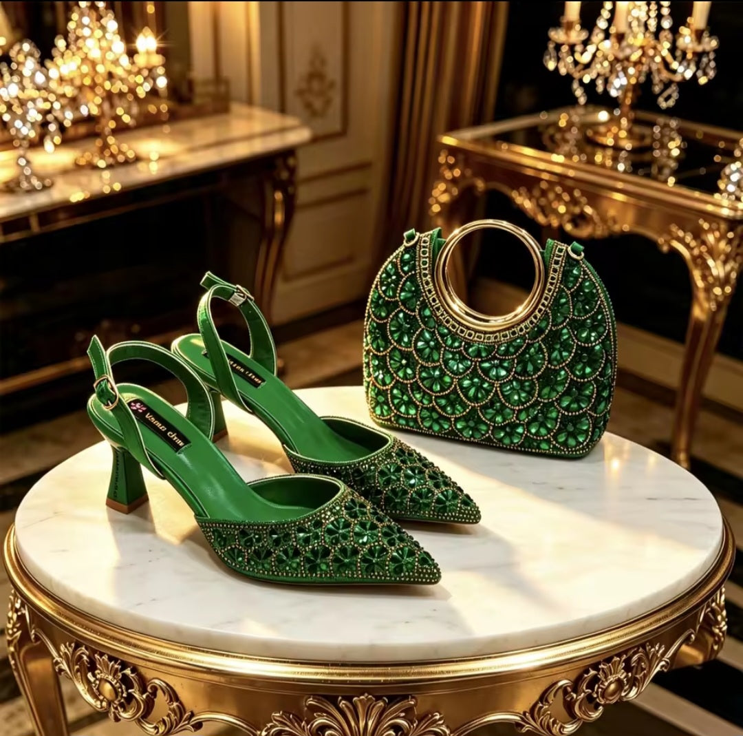 Italian Ladies Shoes & Matching Bag Set EDS42 – Rhinestone Slingback Heels