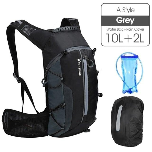 Sea Dragon Dreams 10L grey hydration backpack with water bladder and rain cover for cycling and hiking adventures.