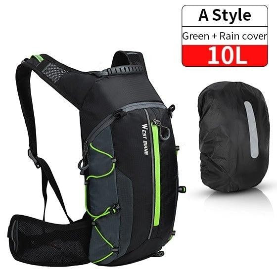 Sea Dragon Dreams 10L hydration backpack in black and green with a matching waterproof rain cover for outdoor sports.
