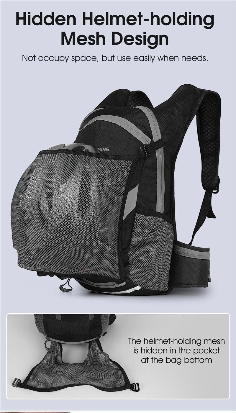 Sea Dragon Dreams 10L hydration backpack in black with a deployable mesh helmet holder and reflective safety strips.