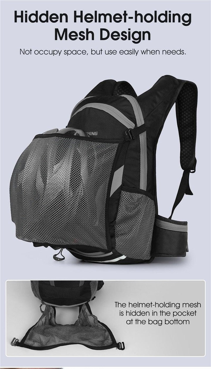 Sea Dragon Dreams 10L hydration backpack in black with a deployable mesh helmet holder and reflective safety strips.