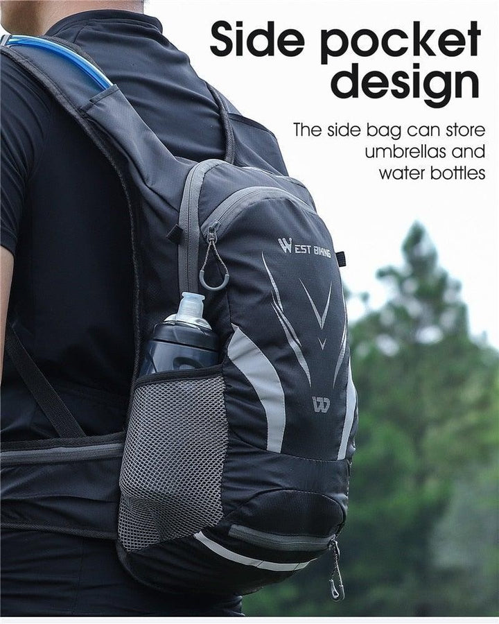 Sea Dragon Dreams 10L hydration backpack in black with a mesh side pocket holding a water bottle for hiking and cycling