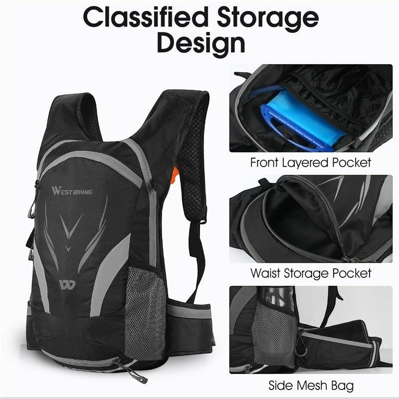 Sea Dragon Dreams 10L hydration backpack showing storage compartments, mesh pockets, and ergonomic design features.
