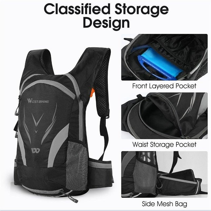 Sea Dragon Dreams 10L hydration backpack showing storage compartments, mesh pockets, and ergonomic design features.