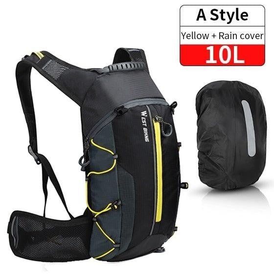 Sea Dragon Dreams 10L hydration backpack in black and yellow with a matching waterproof rain cover for outdoor sports.