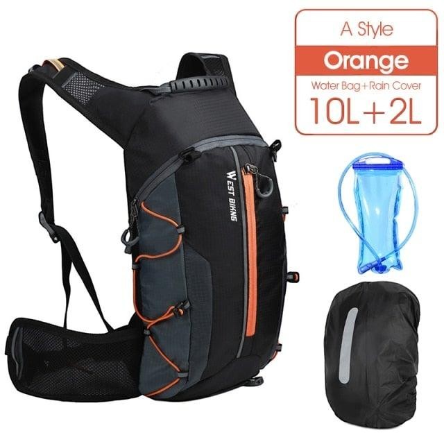 Sea Dragon Dreams 10L hydration backpack in black and orange with included water bladder and rain cover for cycling.