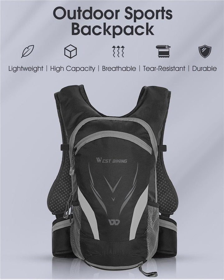 Sea Dragon Dreams 10L hydration backpack in black with reflective accents, breathable mesh, and adjustable straps.