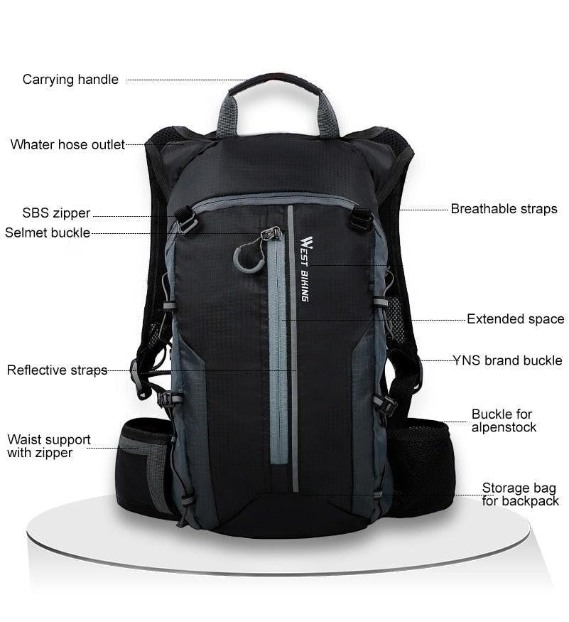 Sea Dragon Dreams 10L black hydration backpack with breathable straps, reflective strips, and multiple storage pockets.