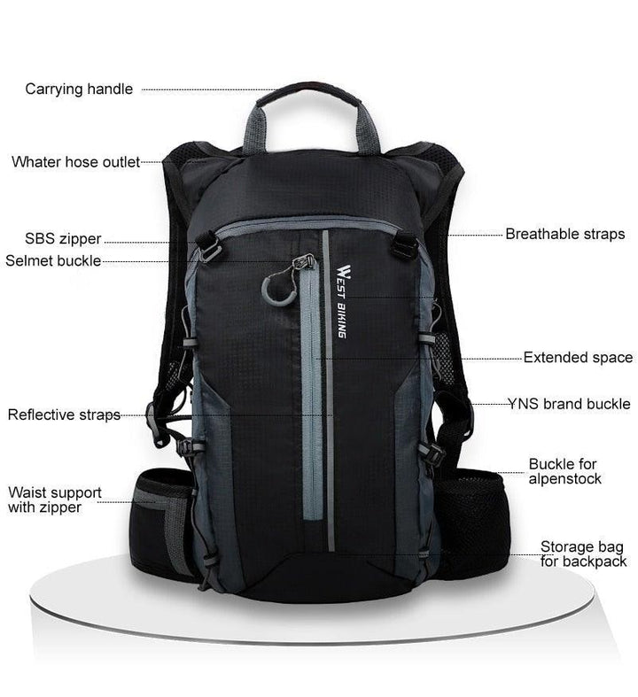 Sea Dragon Dreams 10L black hydration backpack with breathable straps, reflective strips, and multiple storage pockets.