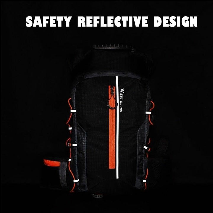 Sea Dragon Dreams 10L hydration backpack in black with orange accents and reflective safety strips for cycling and hiking
