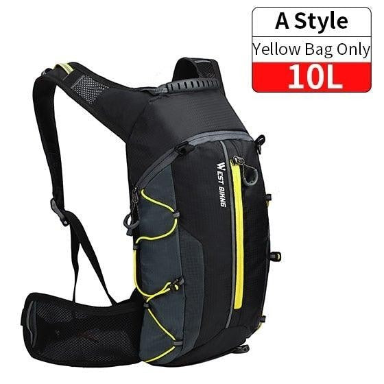 Sea Dragon Dreams 10L waterproof hydration backpack in black and yellow with adjustable straps and mesh back panel.