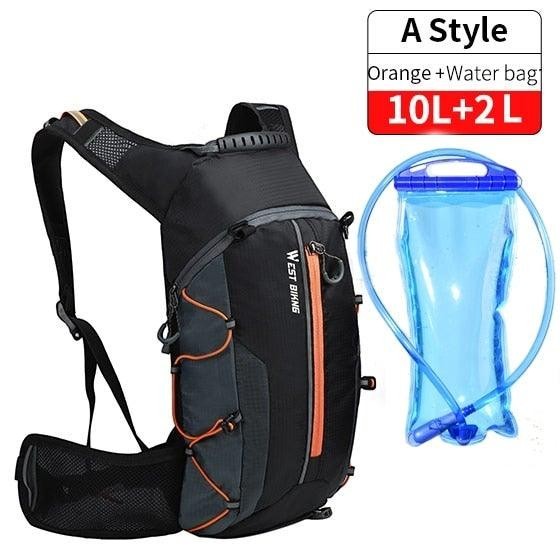 Sea Dragon Dreams 10L hydration backpack in black and orange with a 2L water bladder for cycling and hiking.