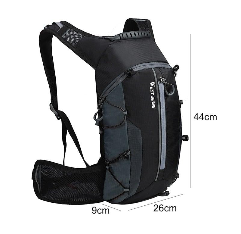 Sea Dragon Dreams 10L hydration backpack in black and grey ripstop fabric with adjustable straps and dimensions shown.