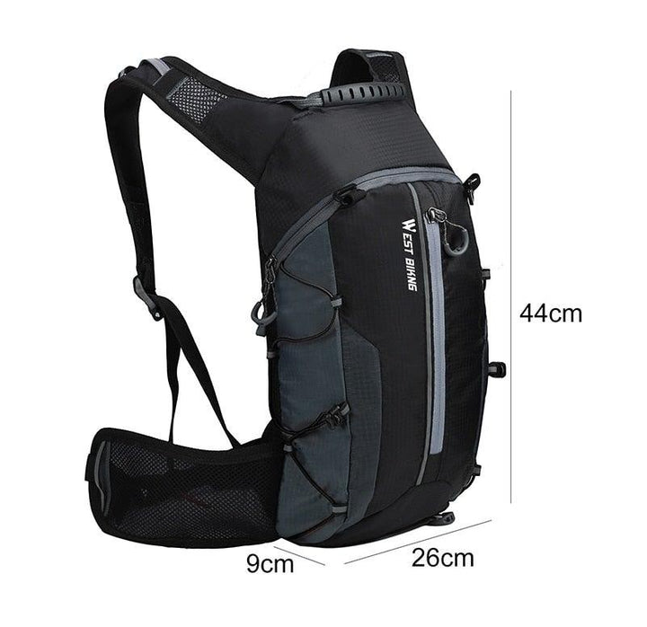 Sea Dragon Dreams 10L hydration backpack in black and grey ripstop fabric with adjustable straps and dimensions shown.
