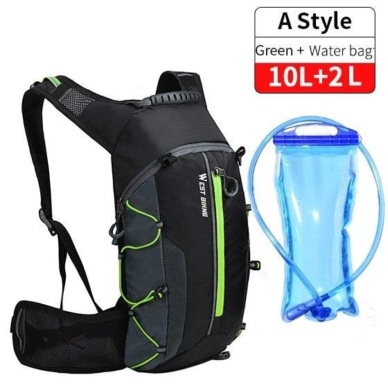 Sea Dragon Dreams 10L hydration backpack in black and green with a 2L water bladder for cycling and hiking