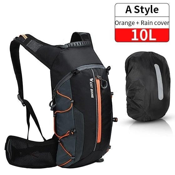 Sea Dragon Dreams 10L hydration backpack in black and orange with a matching waterproof rain cover for outdoor sports.