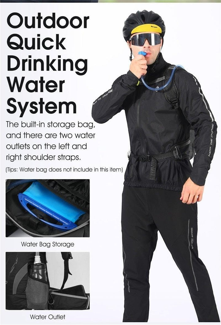 Sea Dragon Dreams 10L hydration backpack on a cyclist wearing a helmet and sunglasses, showing water tube access.