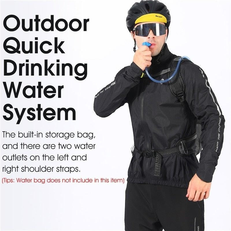 Sea Dragon Dreams 10L hydration backpack worn by a cyclist with a helmet and windbreaker for outdoor activities