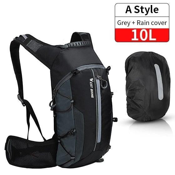 Sea Dragon Dreams 10L hydration backpack in grey and black ripstop fabric with a matching waterproof rain cover.