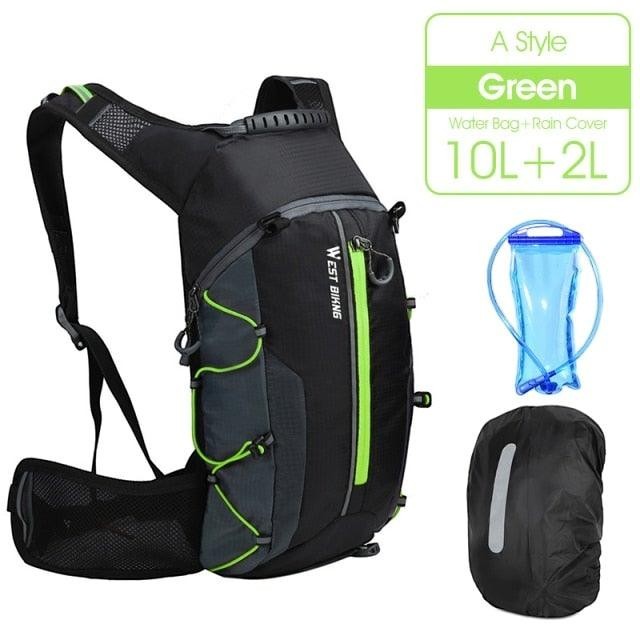 Sea Dragon Dreams 10L green and black hydration backpack with water bladder and rain cover for hiking and cycling