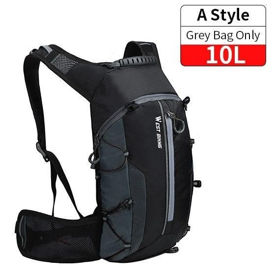 Sea Dragon Dreams 10L hydration backpack in grey and black ripstop fabric with adjustable straps and mesh back panel.
