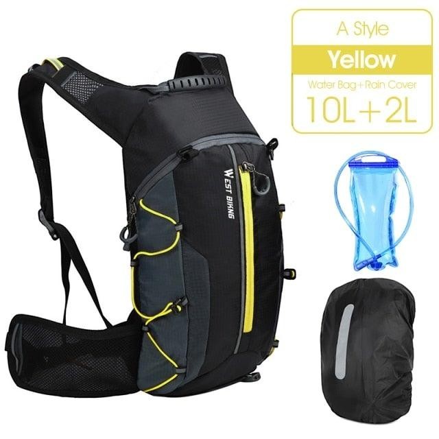 Sea Dragon Dreams 10L hydration backpack in black and yellow with included water bladder and rain cover.