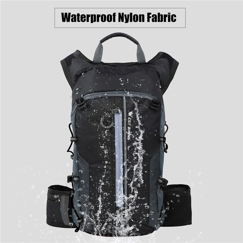 Sea Dragon Dreams 10L waterproof hydration backpack in black ripstop fabric with reflective details for outdoor sports.