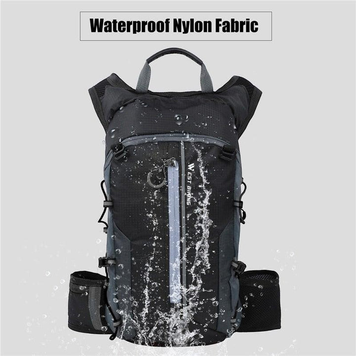 Sea Dragon Dreams 10L waterproof hydration backpack in black ripstop fabric with reflective details for outdoor sports.