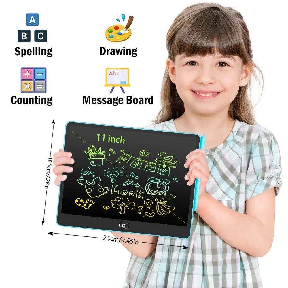 Sea Dragon Dreams 11-inch LCD writing tablet held by a young girl, featuring colorful doodles and educational icons.