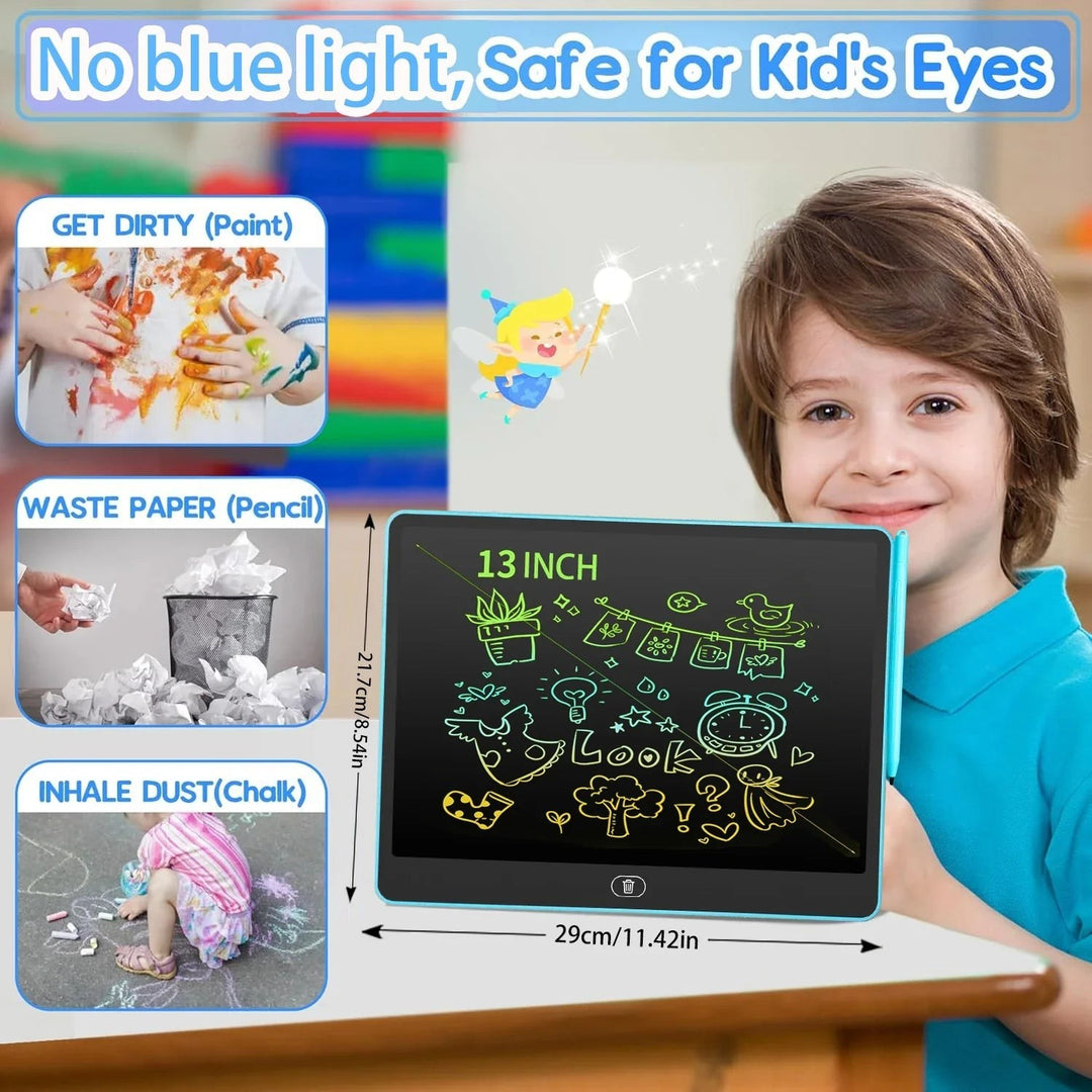 Sea Dragon Dreams 13-inch LCD writing tablet for kids, showing a child drawing with a stylus on a blue frame board.