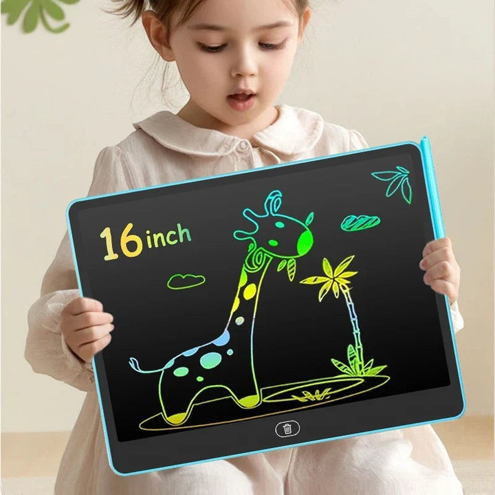 Sea Dragon Dreams 16-inch LCD writing tablet with a colorful giraffe drawing held by a young girl