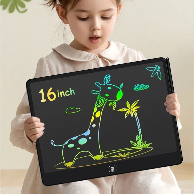 Sea Dragon Dreams 16-inch LCD writing tablet with a colorful giraffe drawing held by a young girl