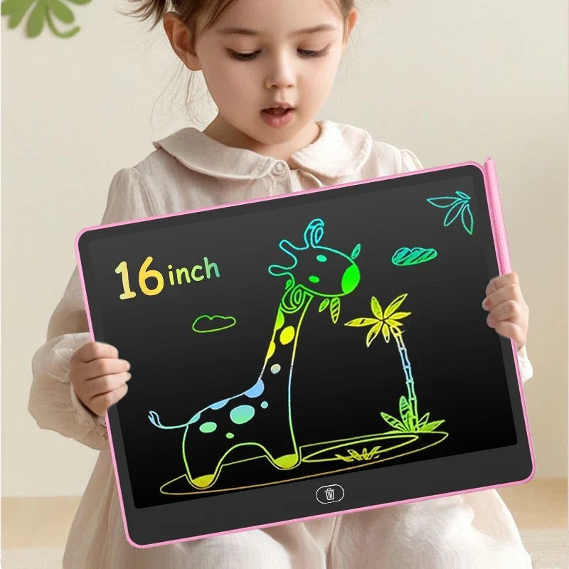 Sea Dragon Dreams 16-inch pink LCD writing tablet with a colorful giraffe drawing held by a young girl