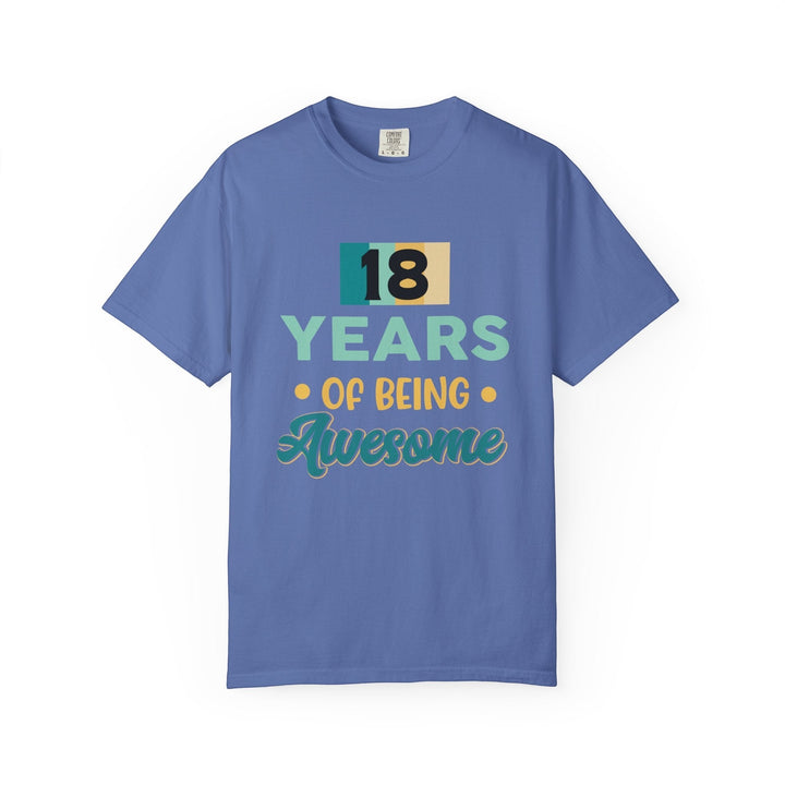 Sea Dragon Dreams 18th birthday unisex t-shirt in blue cotton with 18 Years Of Being Awesome graphic print