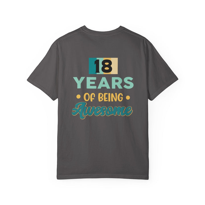 Sea Dragon Dreams unisex 18th birthday t-shirt in charcoal grey cotton with retro 18 years of being awesome graphic
