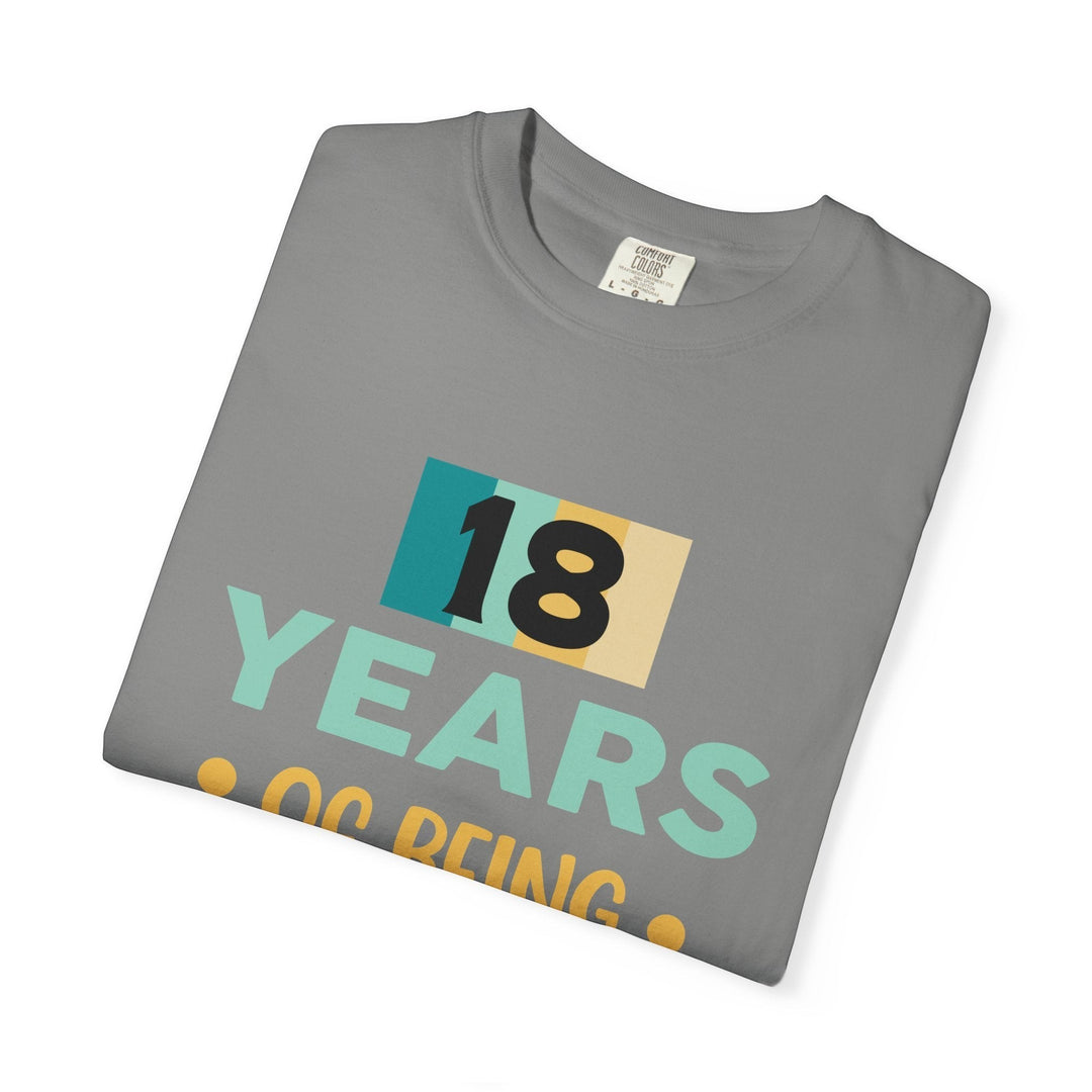 Sea Dragon Dreams 18th birthday unisex t-shirt in grey cotton with a bold retro-style 18 years graphic print.
