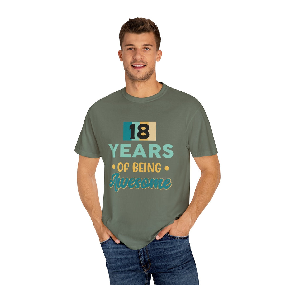 Sea Dragon Dreams unisex 18th birthday t-shirt in olive green cotton with 18 Years of Being Awesome graphic print