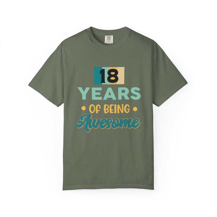 Sea Dragon Dreams unisex 18th birthday t-shirt in olive green cotton with retro 18 years of being awesome graphic print