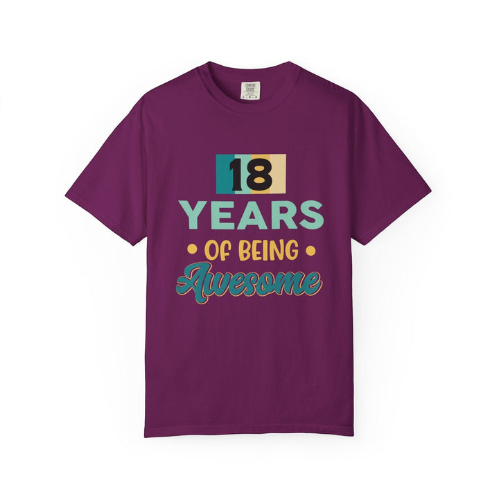 Sea Dragon Dreams 18th birthday unisex t-shirt in dark purple cotton with retro 18 years of being awesome graphic print