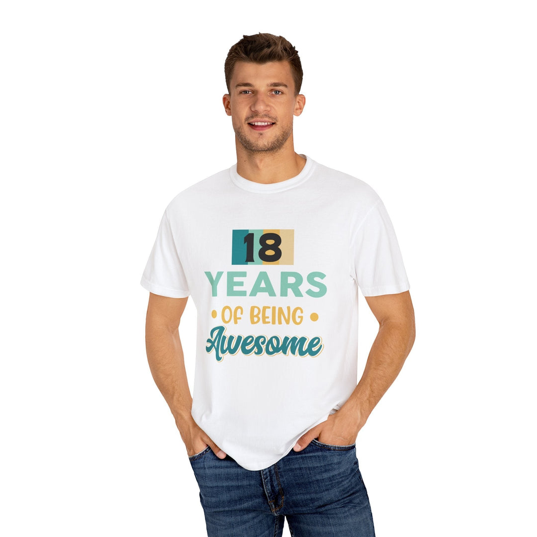 Sea Dragon Dreams unisex white cotton t-shirt with 18th birthday graphic, worn by a smiling man in blue jeans.
