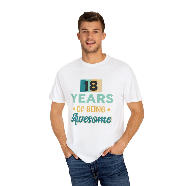 Sea Dragon Dreams unisex white cotton t-shirt with 18th birthday graphic, worn by a smiling man in blue jeans.