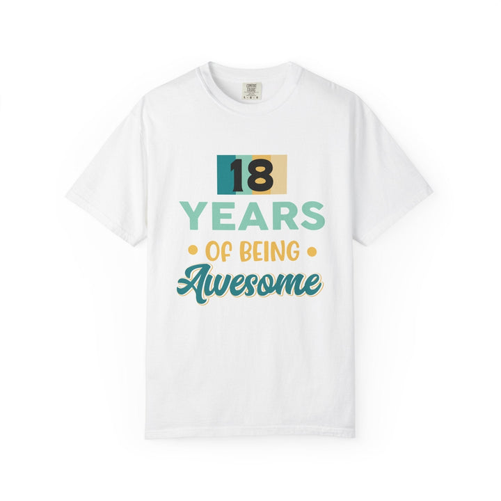 Sea Dragon Dreams white unisex 18th birthday t-shirt with retro-style 18 Years of Being Awesome graphic print