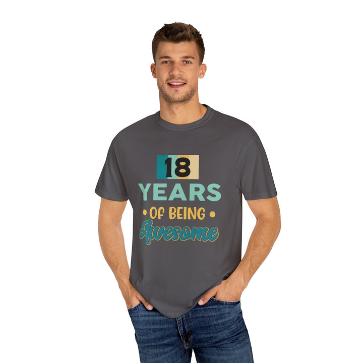 Sea Dragon Dreams unisex 18th birthday t-shirt in charcoal grey cotton with a colourful graphic print on a man